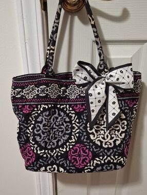 Vera Bradley Black, White & Magenta Quilted Tote with Bow
